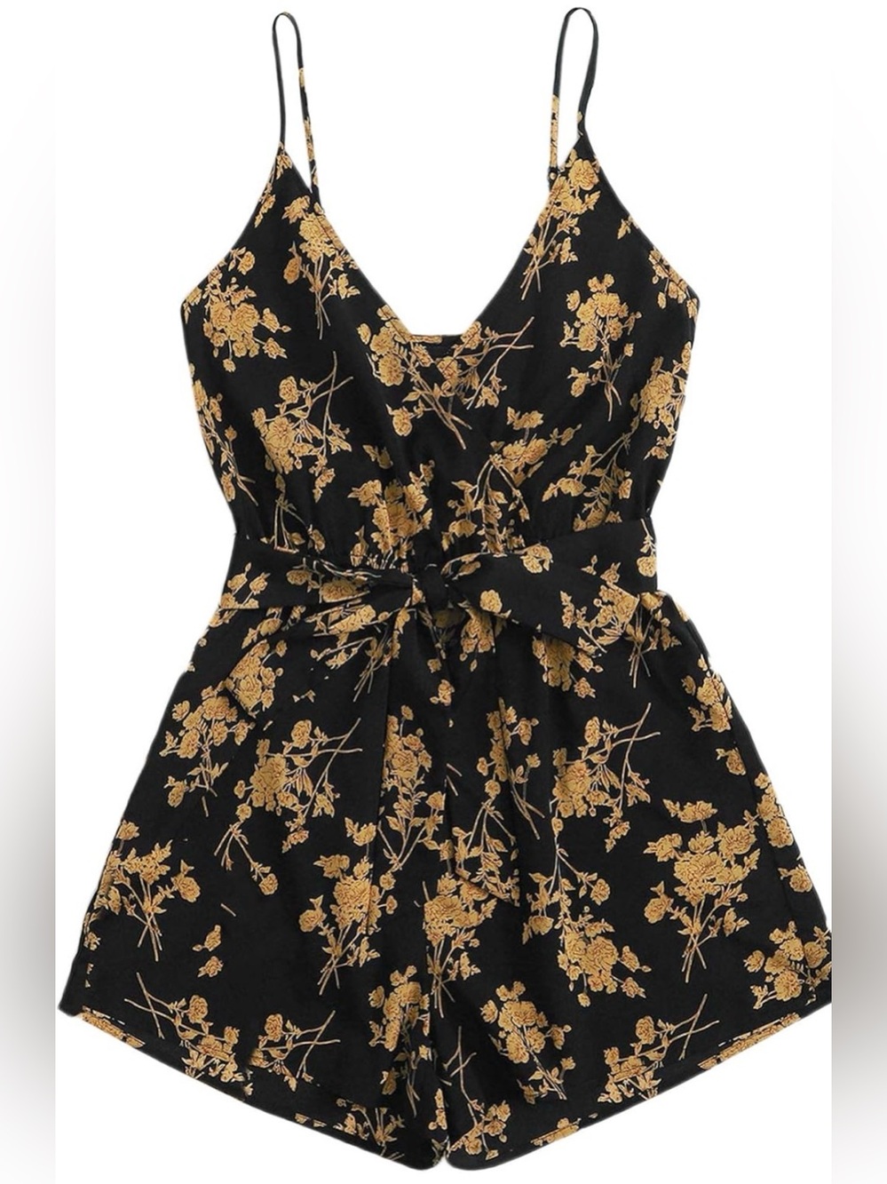 Black Floral Wrap Romper with Tan Botanical Print